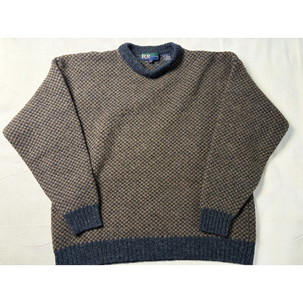 Vintage R&R Casuals Mens L 100% Wool Birdseye Knit Sweater Brown Gray Made HK